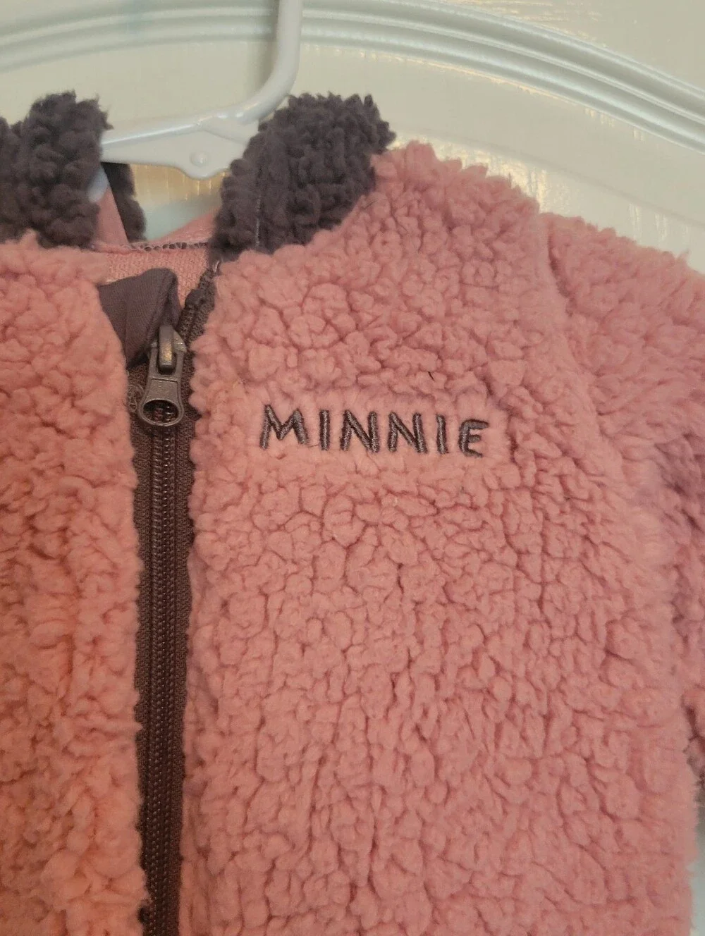 Disney One Piece Minnie Pink Plush Sherpa Jumpsuit with Hood & Gray Trim 6-9 mos